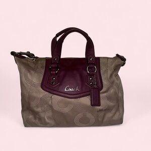 Coach Taupe Signature Satchel with Burgundy Leather Trim